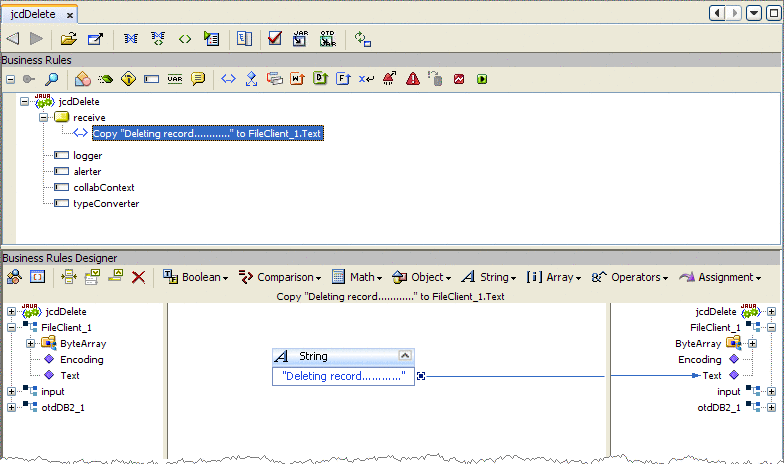 Image shows the Java Collaboration Editor displaying
the Copy "Deleting record............" to FileClient_1.Text business rule.