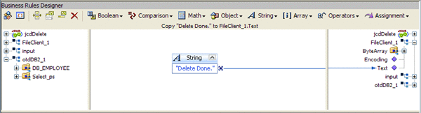 Image shows the Java Collaboration Editor displaying
the Copy "Delete Done." to FileClient_1.Text business rule.
