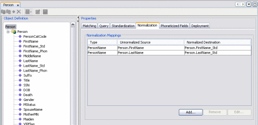 Figure shows the Normalization page of the Configuration
Editor.