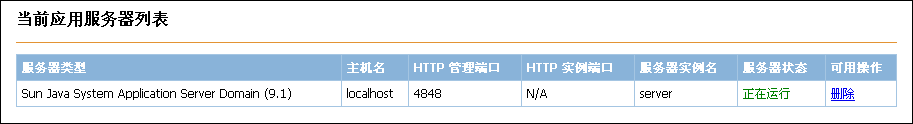 含有已添加服务器的“当前应用服务器列表”表的屏幕捕获。