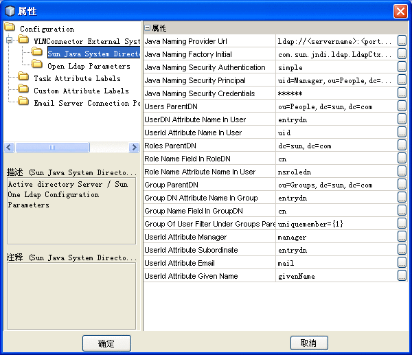 该图显示了 Worklist Manager 外部系统“属性”窗口中的 Sun Java System Directory Server 配置属性。