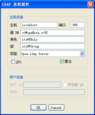 该图显示了“LDAP 连接属性”对话框（从 "Worklist Manager" 窗口中访问）。