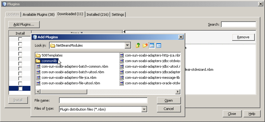 Navigating to the .nbm files needed for the TCP/IP JCA Adapter