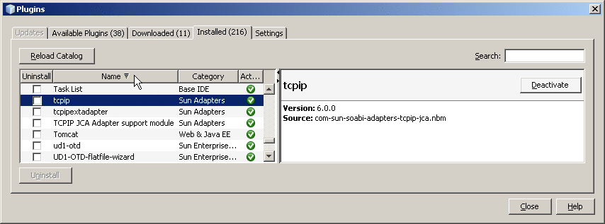 List of installed plugins, showing tcpip modules