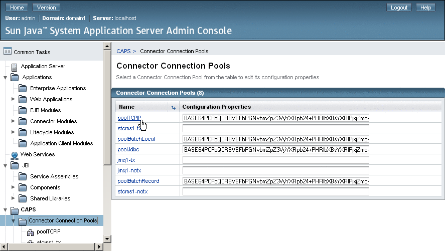 Admin Console: CAPS -> Connector Connection
Pools 