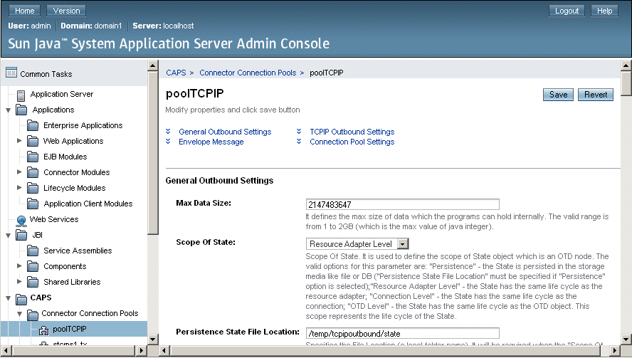 Admin Console: Editing the configuring properties
for a TCP/IP Connector Connection Pool