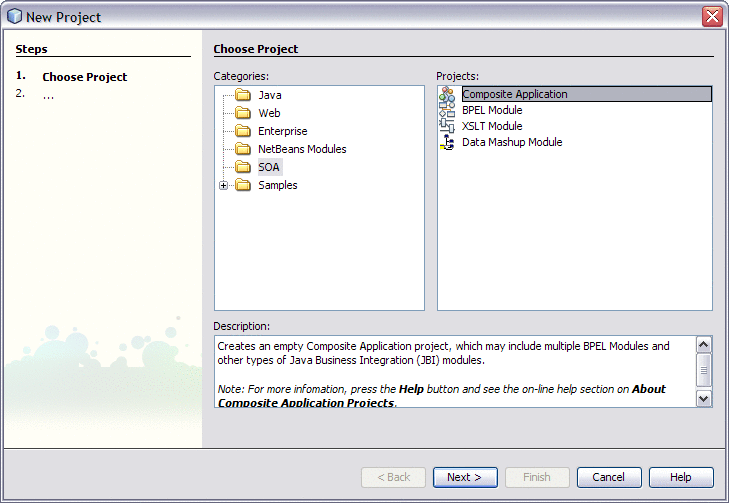 Selecting the category and composite application