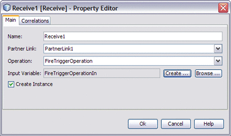 Image shows the Receive1 Property Editor