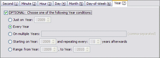 Image shows the Year tab of the Add New Cron Trigger
Editor