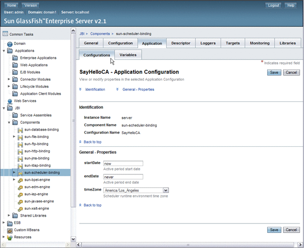 Image shows the Admin Console sun-scheduler-binding Application
Configuration window