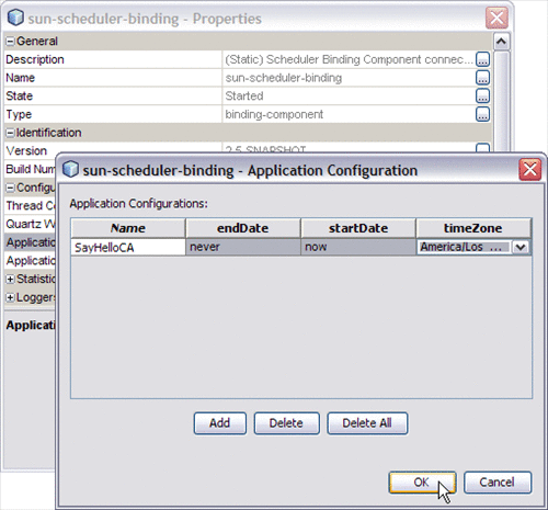 Image shows the sun-scheduler-binding – Properties
and the Application Configuration property editor