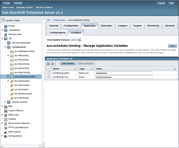 Image shows the Manage Application Variables window of
the GlassFish Admin Console