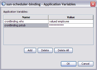 Image shows the Application Variables dialog box with
two Application Variables configured