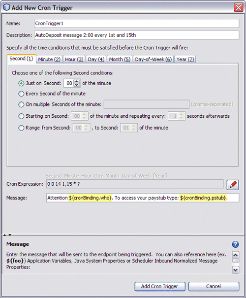 Image shows the Cron trigger editor and demonstrates
using Application Variables in the Message field