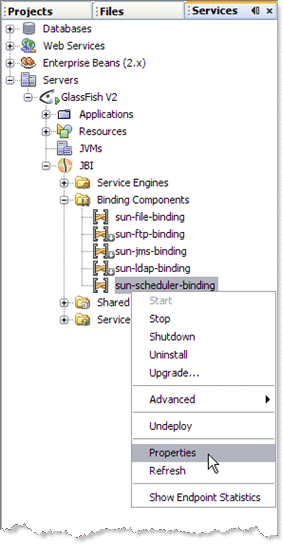 Image shows the sun-scheduler-binding node in the NetBeans
Services window