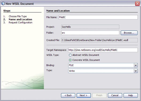 Image shows the New WSDL Document wizard as described
in context