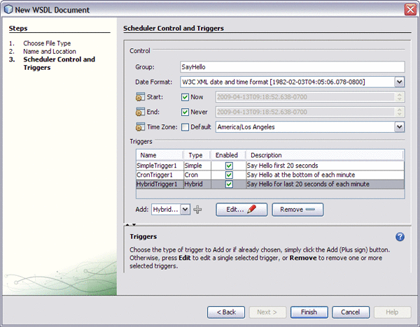 Image shows the New WSDL Document Wizard containing three
triggers