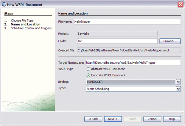 Image shows the WSDL Document Wizard with settings to
create a SCHEDULER Binding.