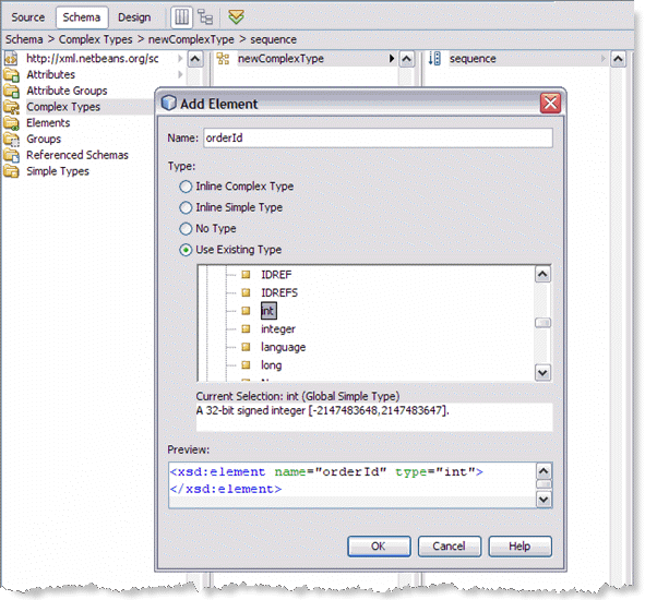Graphic shows the Add Element dialog box, as described
in context.