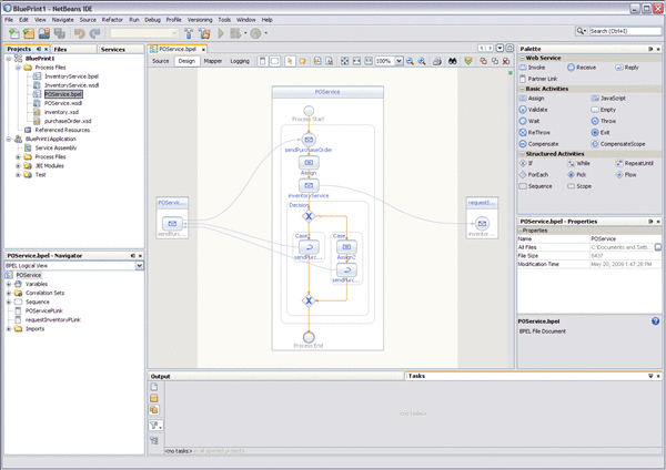 Image shows the NetBeans IDE displaying the Design view
of the BPEL Designer