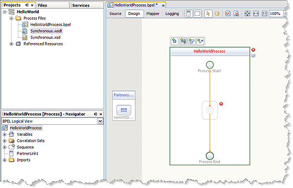 Image shows a new partner link added to the BPEL process
in the BPEL Editor