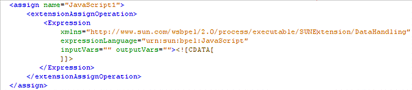 Image displays the empty extension assign operation created
by the JavaScript element in the BPEL Designer Source View