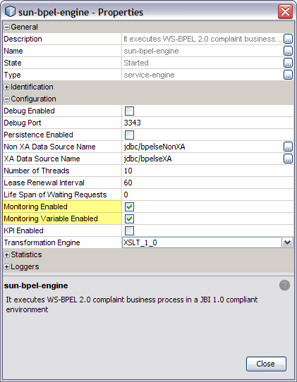 Image shows the BPEL Service Engine Properties Editor
with the monitoring properties highlighted