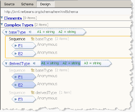 Image shows a base type and a derived complex  type in
the Design view of the XML Schema