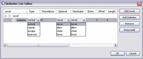 Image of Delimiter List Editor (Left Side).