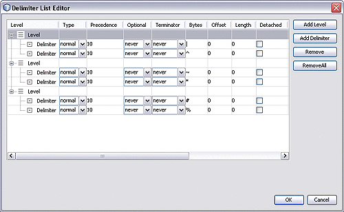 Image of Delimiter List Editor with multiple
Levels and multiple Delimiters.