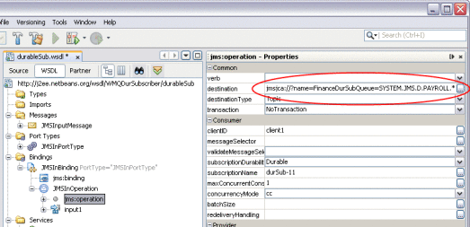 Figure shows the JMS WSDL destination property.