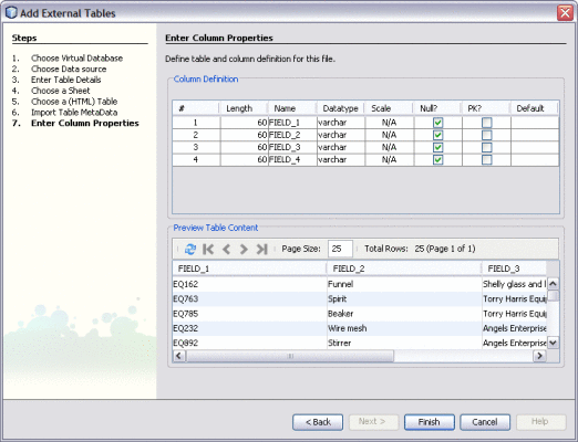 Figure shows the Enter Column Properties window
of the Add External Tables Wizard.