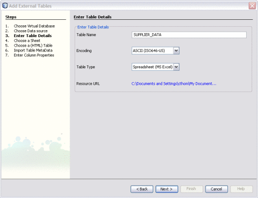 Figure shows the Enter Table Details window of
the Add External Tables Wizard.