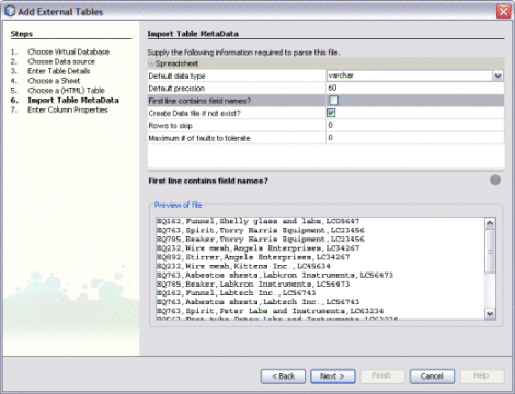 Figure shows the Import Table Metadata window
of the Add External Tables Wizard.