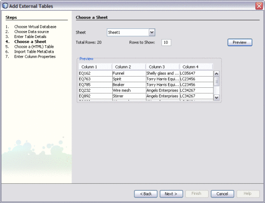 Figure shows the Choose a Sheet window of the
Add External Tables Wizard.