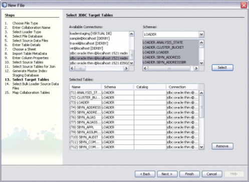 Figure shows the Select Target Tables window
of the Data Integrator Wizard.