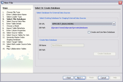 Figure shows the Select or Create Database window
of the Data Integrator Wizard.