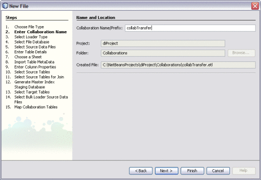 Figure shows the Name and Location window of
the Data Integrator Wizard.