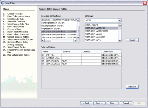 Figure shows the Select Source Tables window
of the Data Integrator Wizard.