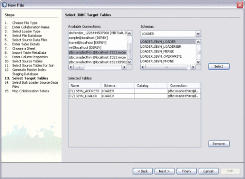 Figure shows the Select Target Tables window
of the Data Integrator Wizard.