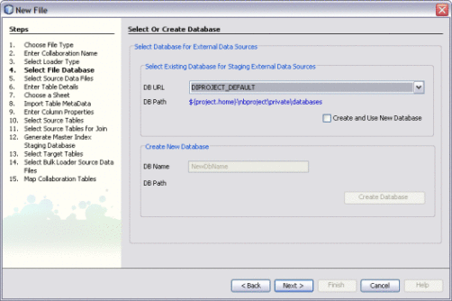 Figure shows the Select or Create Database window
of the Data Integrator Wizard.