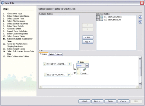 Figure shows the Select Source Tables for Join
window of the Data Integrator Wizard.