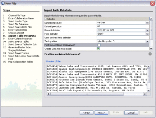 Figure shows the Import Table Metadata window
of the Data Integrator Wizard.