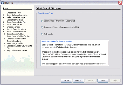 Figure shows the Select Type of ETL Loader window
of the Data Integrator Wizard.