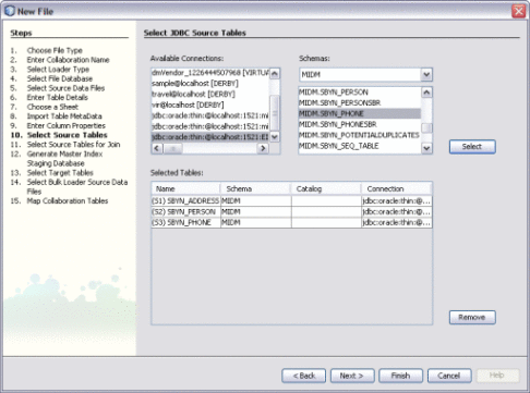 Figure shows the Select Source Tables window
of the Data Integrator Wizard.