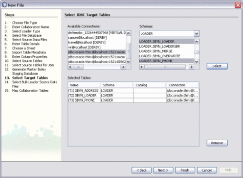 Figure shows the Select Target Tables window
of the Data Integrator Wizard.