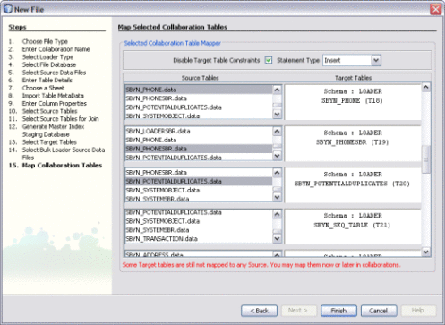 Figure shows the Map Selected Collaboration Tables
window of the Data Integrator Wizard.