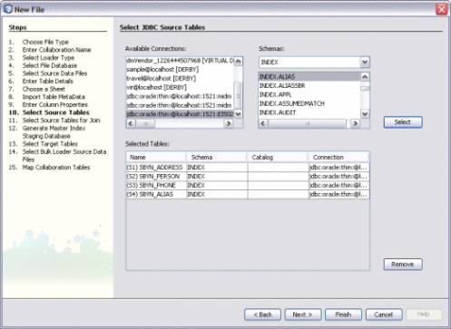 Figure shows the Select Source Tables window
of the Data Integrator Wizard.