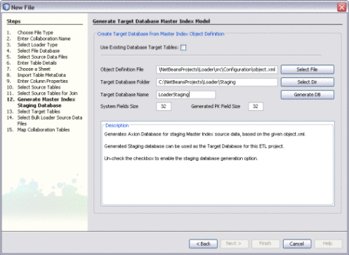 Figure shows the Generate Target Database Master
Index Model window of the Data Integrator Wizard.