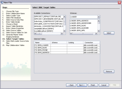 Figure shows the Select Target Tables window
of the Data Integrator Wizard.